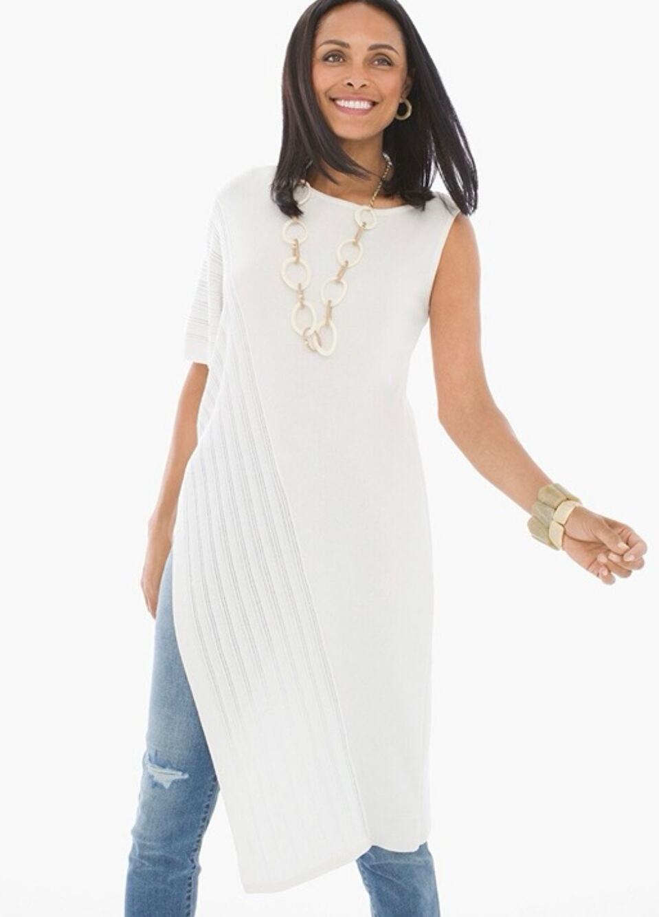 Travelers by Chico Women's Beige Off White asymmetrical Cascading Top Preppy
